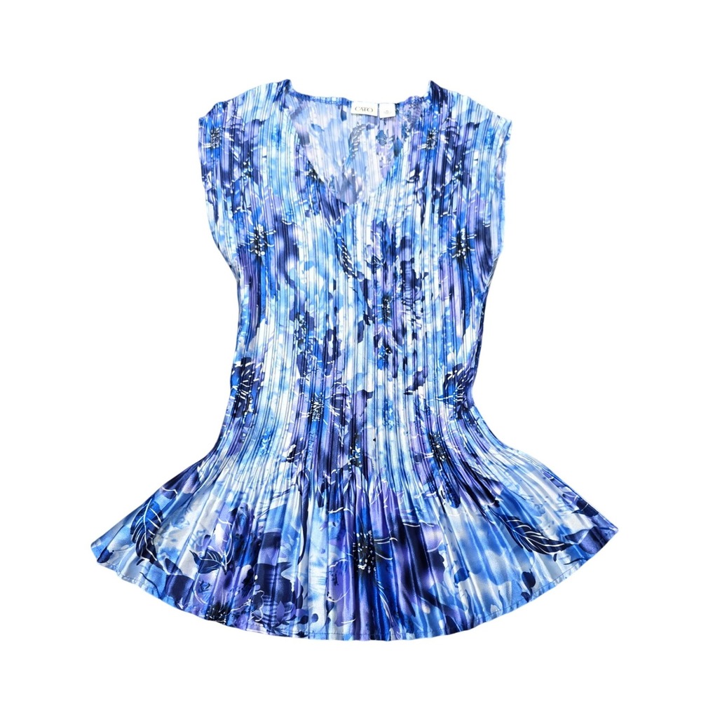 Cato Floral Micro Pleated Blouse Women's Size XL Blue Purple V-Neck Sleeveless